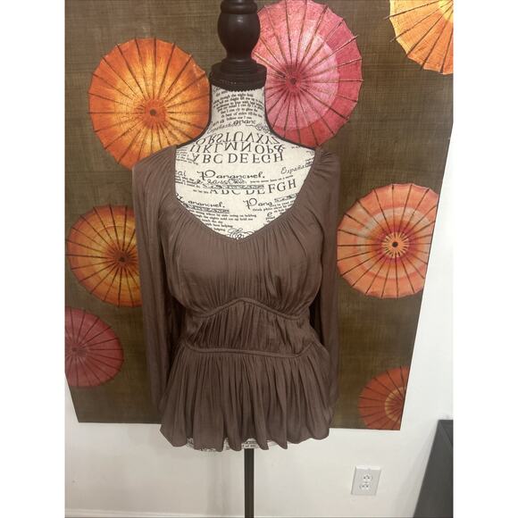 Nine West Tops - Nine West Boho Peplum Long Sleeve Top Chocolate Brown Flattering Fit Sz XS